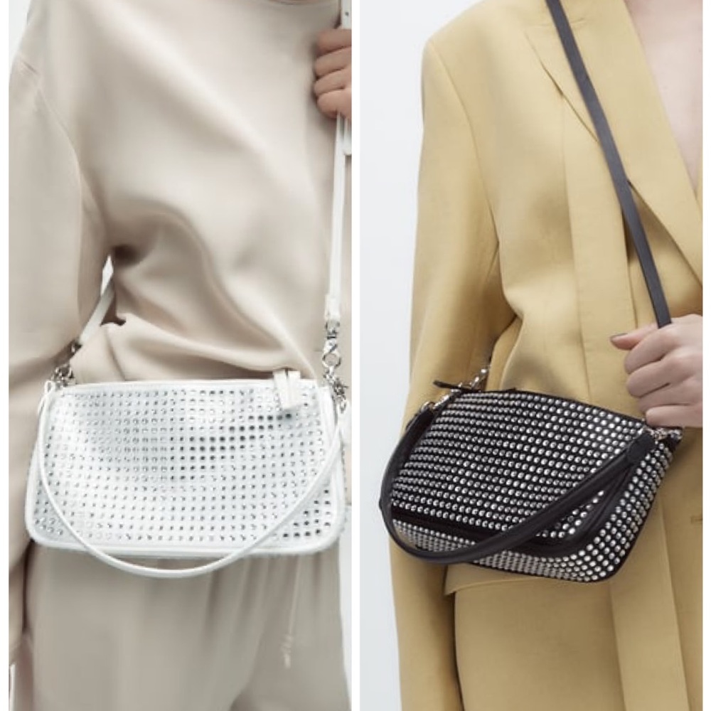 Zara 2pc Set Black & White Sparkly Rhinestones Shoulder Bag Crossbody Purse